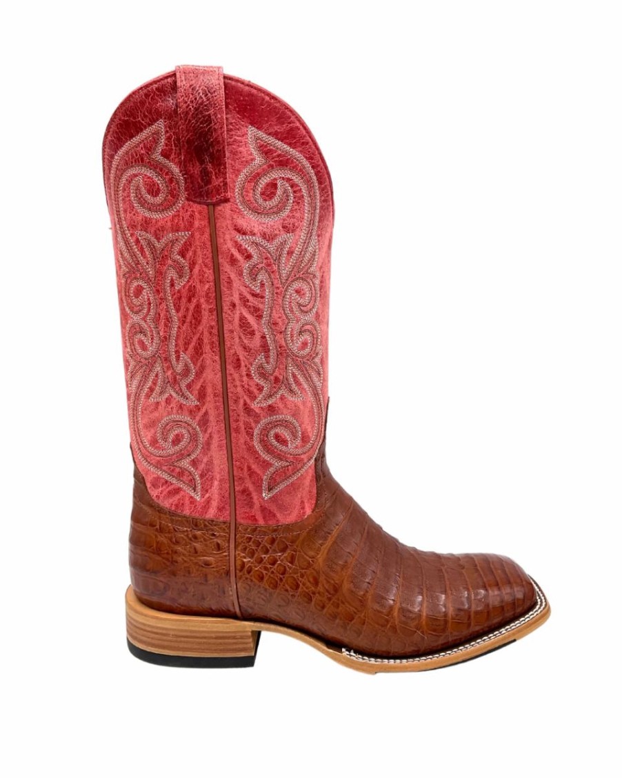 Cowboy * | Anderson Bean' Men'S 13 Horsepower Top Hand Western Square Toe Brandy Caiman Belly / Red Sinsation