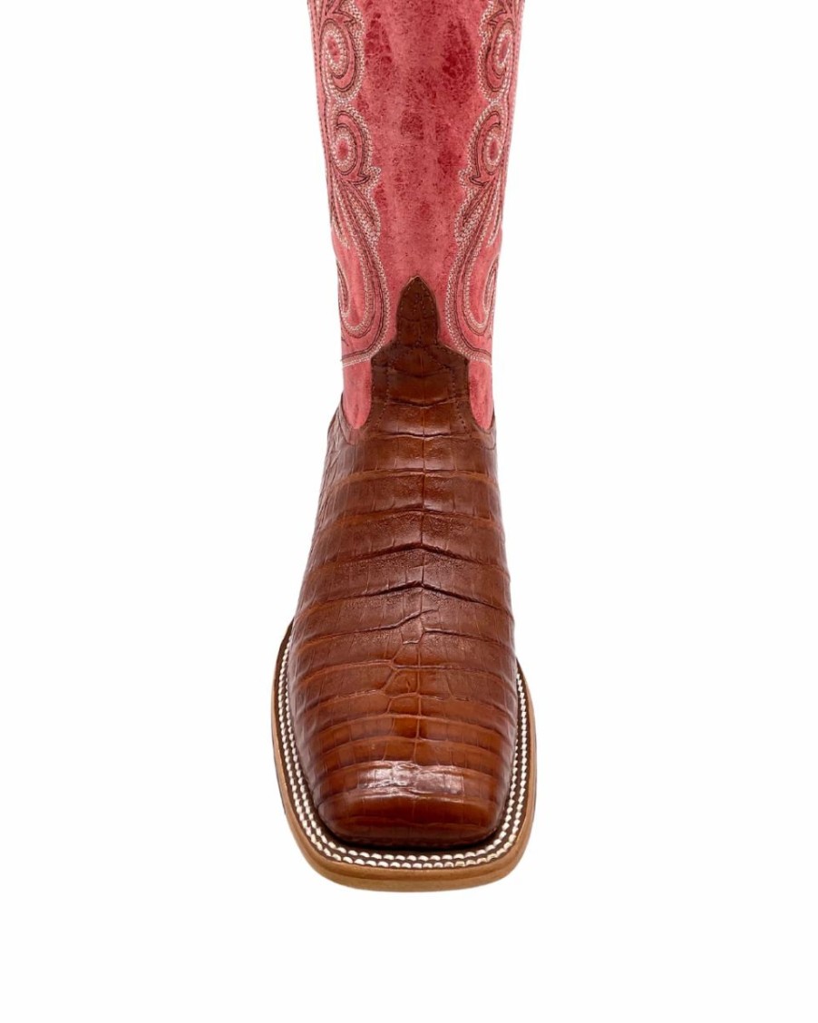 Cowboy * | Anderson Bean' Men'S 13 Horsepower Top Hand Western Square Toe Brandy Caiman Belly / Red Sinsation