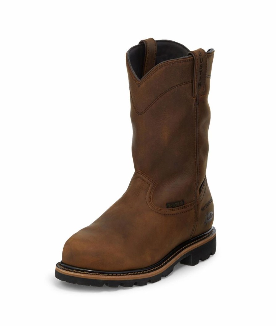 Work * | Justin Brands Pulley Waterproof Internal Met Guard Boot Brown / Dark Tan